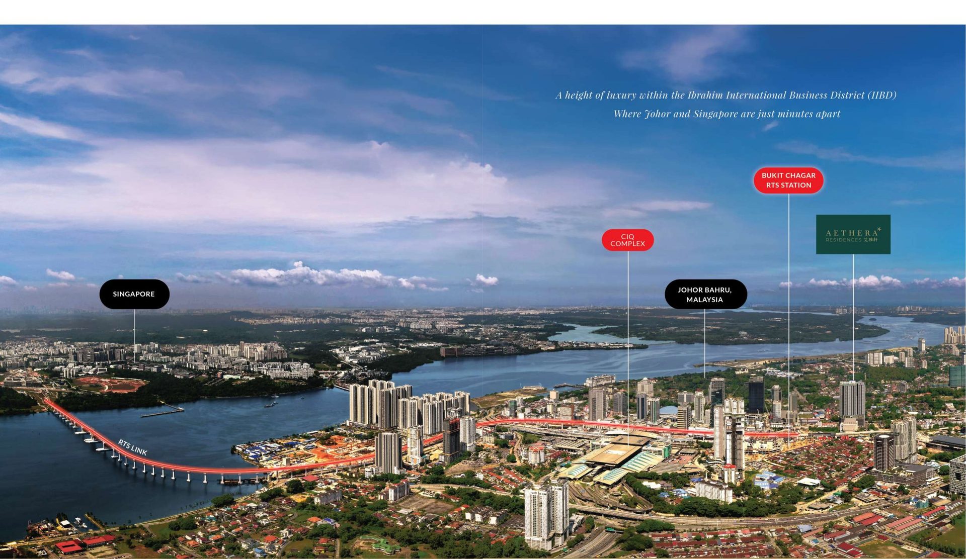 Aerial view of Johor Bahru showing Aethera Residences, Bukit Chagar RTS Station, CIQ Complex and Singapore across the strait